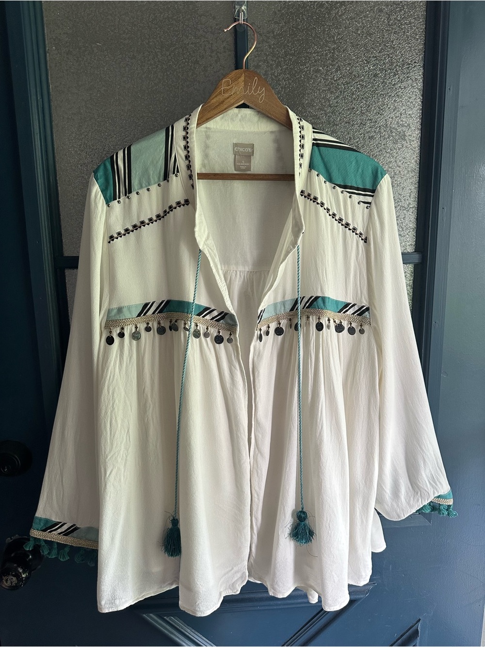 Chico's White Open Front Cardigan Jacket with Teal Accents